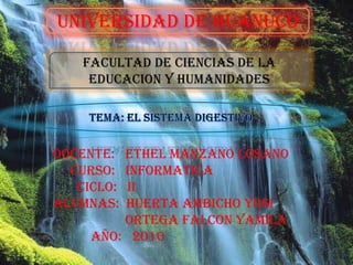 UNIVERSIDAD DE HUANUCO

    FACULTAD DE CIENCIAS DE LA
     EDUCACION Y HUMANIDADES




DOCENTE: ETHEL MANZANO LOSANO
  CURSO: INFORMATICA
   CICLO: II
ALUMNAS: HUERTA AMBICHO YOSI
         ORTEGA FALCON YAMILA
     AÑO: 2010
 