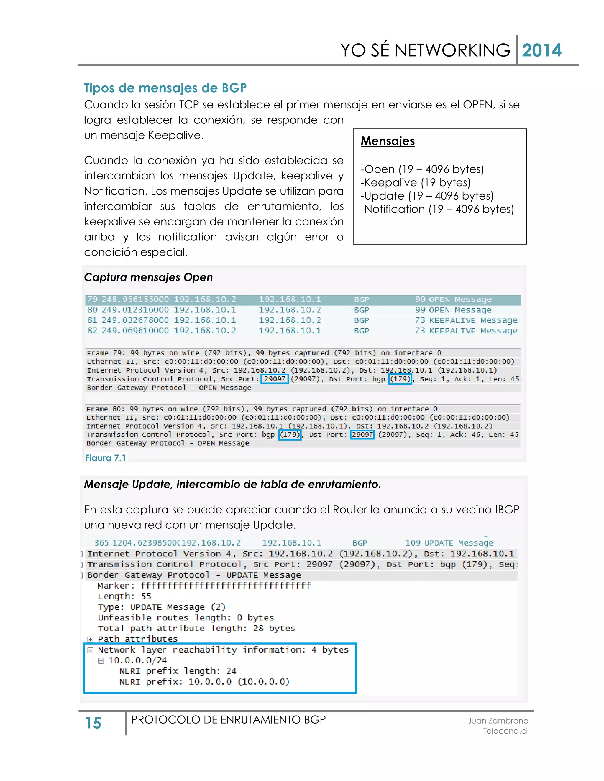 YO SÉ NETWORKING 2014
15 PROTOCOLO DE ENRUTAMIENTO BGP Juan Zambrano
Teleccna.cl
Tipos de mensajes de BGP
Cuando la sesión TCP se establece el primer mensaje en enviarse es el OPEN, si se
logra establecer la conexión, se responde con
un mensaje Keepalive.
Cuando la conexión ya ha sido establecida se
intercambian los mensajes Update, keepalive y
Notification. Los mensajes Update se utilizan para
intercambiar sus tablas de enrutamiento, los
keepalive se encargan de mantener la conexión
arriba y los notification avisan algún error o
condición especial.
Captura mensajes Open
Mensaje Update, intercambio de tabla de enrutamiento.
En esta captura se puede apreciar cuando el Router le anuncia a su vecino IBGP
una nueva red con un mensaje Update.
Mensajes
-Open (19 – 4096 bytes)
-Keepalive (19 bytes)
-Update (19 – 4096 bytes)
-Notification (19 – 4096 bytes)
Figura 7.1
 