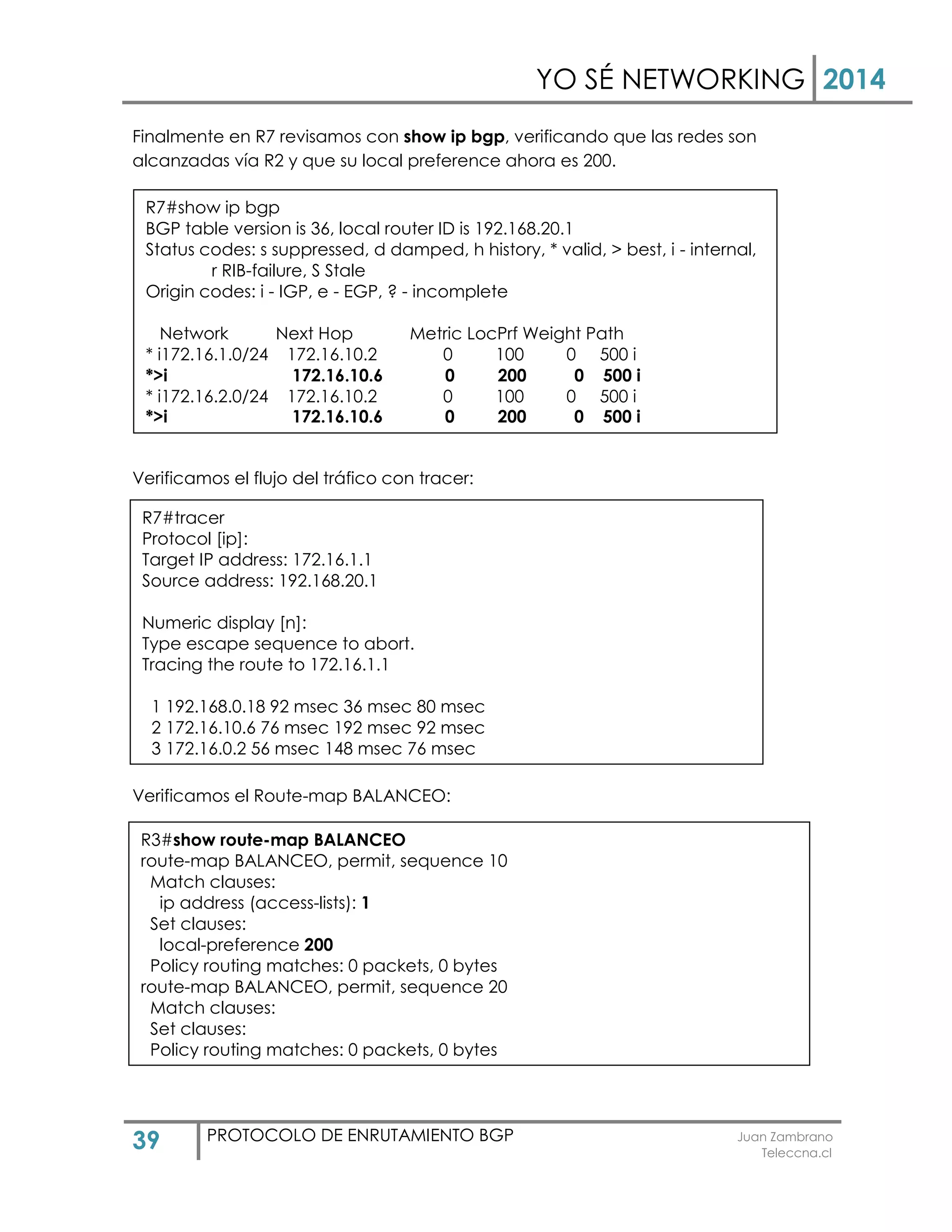 YO SÉ NETWORKING 2014
39 PROTOCOLO DE ENRUTAMIENTO BGP Juan Zambrano
Teleccna.cl
Finalmente en R7 revisamos con show ip bgp, verificando que las redes son
alcanzadas vía R2 y que su local preference ahora es 200.
Verificamos el flujo del tráfico con tracer:
Verificamos el Route-map BALANCEO:
R7#show ip bgp
BGP table version is 36, local router ID is 192.168.20.1
Status codes: s suppressed, d damped, h history, * valid, > best, i - internal,
r RIB-failure, S Stale
Origin codes: i - IGP, e - EGP, ? - incomplete
Network Next Hop Metric LocPrf Weight Path
* i172.16.1.0/24 172.16.10.2 0 100 0 500 i
*>i 172.16.10.6 0 200 0 500 i
* i172.16.2.0/24 172.16.10.2 0 100 0 500 i
*>i 172.16.10.6 0 200 0 500 i
R3#show route-map BALANCEO
route-map BALANCEO, permit, sequence 10
Match clauses:
ip address (access-lists): 1
Set clauses:
local-preference 200
Policy routing matches: 0 packets, 0 bytes
route-map BALANCEO, permit, sequence 20
Match clauses:
Set clauses:
Policy routing matches: 0 packets, 0 bytes
R7#tracer
Protocol [ip]:
Target IP address: 172.16.1.1
Source address: 192.168.20.1
Numeric display [n]:
Type escape sequence to abort.
Tracing the route to 172.16.1.1
1 192.168.0.18 92 msec 36 msec 80 msec
2 172.16.10.6 76 msec 192 msec 92 msec
3 172.16.0.2 56 msec 148 msec 76 msec
 