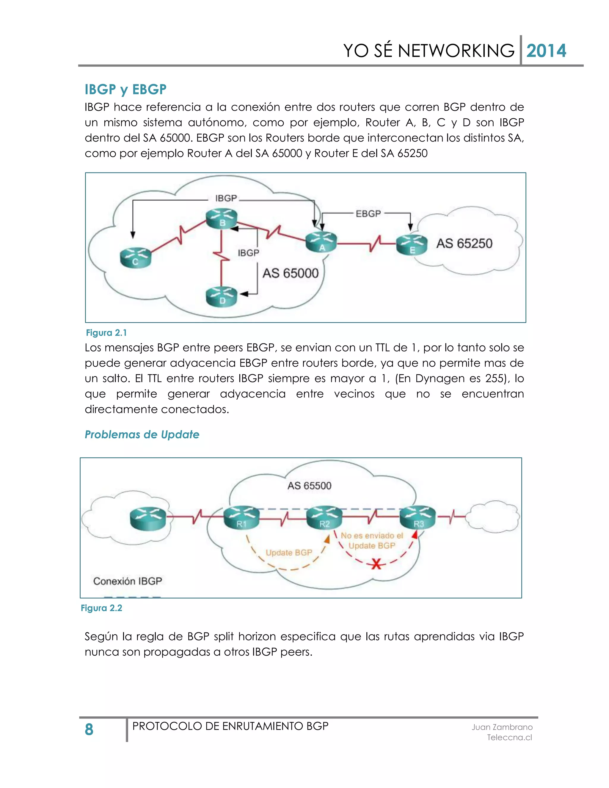 YO SÉ NETWORKING 2014
8 PROTOCOLO DE ENRUTAMIENTO BGP Juan Zambrano
Teleccna.cl
IBGP y EBGP
IBGP hace referencia a la conexión entre dos routers que corren BGP dentro de
un mismo sistema autónomo, como por ejemplo, Router A, B, C y D son IBGP
dentro del SA 65000. EBGP son los Routers borde que interconectan los distintos SA,
como por ejemplo Router A del SA 65000 y Router E del SA 65250
Los mensajes BGP entre peers EBGP, se envian con un TTL de 1, por lo tanto solo se
puede generar adyacencia EBGP entre routers borde, ya que no permite mas de
un salto. El TTL entre routers IBGP siempre es mayor a 1, (En Dynagen es 255), lo
que permite generar adyacencia entre vecinos que no se encuentran
directamente conectados.
Problemas de Update
Según la regla de BGP split horizon especifica que las rutas aprendidas via IBGP
nunca son propagadas a otros IBGP peers.
Figura 2.1
Figura 2.2
 