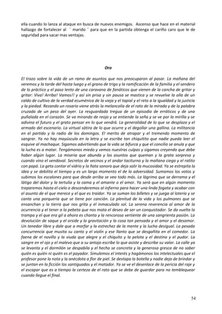 ella cuando lo lanza al ataque en busca de nuevos enemigos. Ascenso que hace en el material
hallazgo de fortalecer al ¨ marido ¨ para que en la partida obtenga el cariño caro que le de
seguridad para sacar mas ventajas.
Oro
El trazo sobre la vida de un ramo de asuntos que nos preocuparon al pasar. La mañana del
veremos y la tarde del hasta luego y el grano de trigo y la ramificación de la familia y el sendero
de lo práctico y el paso lento de una caravana de fanáticos que vienen de la cancha de gritar y
gritar: Viva! Arriba! Vamos!! y así sin prisa y sin pausa se mastica y se revuelve la olla de un
caldo de cultivo de la verdad ecuménica de la vieja y el tapial y el reto a la igualdad y la justicia
y la piedad. Rezando un rosario viene atrás la melancolía de el rato de la mirada y de la palabra
cruzada de un peso del ayer. La resguardada tregua de un episodio de erráticos y de una
puñalada en el corazón. Se va mirando de reojo y se entiende la seña y se ve por la mirilla y se
adivina el futuro y el grato pensar en lo que vendrá. La generalidad de lo que se desplaza y el
armado del escenario. La virtual sátira de lo que ocurre y el degollar una gallina. La militancia
en el partido y la radio de los domingos. El merito de atrapar y el tremendo momento de
sangrar. Ya no hay mayúscula en la letra y se escribe tan chiquitito que nadie pueda leer el
esquive al machaque. Sigamos advirtiendo que la vida se bifurca y que el concilio se anula y que
la lucha es a matar. Tengámonos miedo y vemos nuestras culpas y sigamos creyendo que debe
haber algún lugar. La miseria que abunda y los asuntos que queman y la grata sorpresa y
cuando vino el vendaval. Secretos de vecinos y el andar taciturno y la mañana ciega y el ratito
con papá. La geta contar el vidrio y la ñata sonora que deja salir la mucosidad. Ya se estrepita la
idea y se debilita el tiempo y es un largo momento el de la adversidad. Sumamos los votos y
subimos los escalones para que desde arriba se vea todo más. La lágrima que se derrama y el
látigo del dolor y la tertulia y la cama y el amante o el amor. Ya será que en algún momento
treparemos hasta el cielo o descenderemos al infierno para hacer una linda fogata y acabar con
el asunto de el que merece y el que es traidor. Ya se suman los billetes y se juega al lotería y se
canta una porquería que se tiene por canción. La plenitud de la vida y los pulmones que se
ensanchan y la tierra que nos grita y el inmaculado sol. La serena reverencia al amor de la
ocurrencia y el tener a la pebeta que nos mata el deseo de ser un conquistador. Se da vuelta la
trampa y el que era gil a ahora es chanta y la rencorosa vertiente de una sangrienta pasión. La
devolución de saque y el orside y la gravitación y la cosa tan pensada y el amor y el desamor.
Un tenedor libre y dale que a morfar y la estrechez de la mente y la lucha desigual. La pesada
concurrencia que musita su canto y el violín y ese llanto que se desgañita en el comedor. La
faena de el novillo y la viuda que alegre y el chiquito y la pelota y el destino y el pudor. La
sangre en el ojo y el malevo que a su antojo escribe lo que asiste y describe su valor. La calle ya
se levanta y el dormilón se despabila y el hecho se concreta y la generosa gresca de no saber
quién es quién ni quién es el payador. Simulemos el interés y hagámonos los intelectuales que el
profesor pone la nota y la anécdota a flor de piel. Se destapa la botella y nadie deja de brindar y
se juntan en la ficción los santiguados y el matador. Ya se ve el desenlace de la pericia del raje y
el escapar que es a tiempo la certeza de el rato que se debe de guardar para no temblequear
cuando llegue el final.
54
 