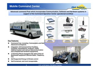 Mobile Command Center
Storage Server
Tetra /HF Radios
Switch
Workstation
Database
Recording System
Advanced command Post which incorporates Communication, Software and Hardware systems in
support of the Command Operation Center operational workflow
ROIP
© 2014 by Elbit Systems | Elbit Systems Proprietary
Key Features:
Command Post, including: Commanders and Staff
Advanced workspaces.
Integrated C4I Command Post Facilities,
including: Workstations, Projector, Public
Address system and various telecommunication
and computerized hardware equipments.
10 Working Places equipped with state-of-the-art
Multimedia equipment (Remote Radio, Telephony,
etc).
Self-Supported Energy & Climate control
Self-Contained, and truck transportable.
Hardware
Components
Software
Components
Communication
Components
Public-Address
IP Telephone
Application
ROIP
9
 
