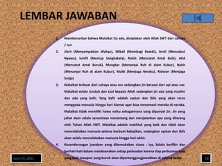 LEMBAR JAWABAN
                1.   Membenarkan bahwa Malaikat itu ada, diciptakan oleh Allah SWT dari cahaya
                     / nur
                2.   Jibril (Menyampaikan Wahyu), Mikail (Membagi Rezeki), Izroil (Mencabut
                     Nyawa), Isrofil (Meniup Sangkakala), Rokib (Mencatat Amal Baik), Atid
                     (Mencatat Amal Buruk), Mungkar (Menanyai Ruh di alam Kubur), Nakir
                     (Menanyai Ruh di alam Kubur), Malik (Menjaga Neraka), Ridwan (Menjaga
                     Surga)
                3.   Malaikat terbuat dari cahaya atau nur sedangkan jin berasal dari api atau nar.
                     Malaikat selalu tunduk dan taat kepada Allah sedangkan jin ada yang muslim
                     dan ada yang kafir. Yang kafir adalah syetan dan iblis yang akan terus
                     menggoda manusia hingga hari kiamat agar bisa menemani mereka di neraka.
                     Malaikat tidak memiliki hawa nafsu sebagaimana yang dipunyai jin. Jin yang
                     jahat akan selalu senantiasa menentang dan menjalankan apa yang dilarang
                     oleh Tuhan Allah SWT. Malaikat adalah makhluk yang baik dan tidak akan
                     mencelakakan manusia selama berbuat kebajikan, sedangkan syetan dan iblis
                     akan selalu mencelakakan manusia hingga hari akhir.
                4.   Kecenderungan jawaban yang dikemukakan siswa : iya, Selalu berfikir dan
                     berhati-hati dalam melaksanakan setiap perbuatan karena tiap perbuatan baik
June 24, 2011        yang baik maupun yang buruk akan dipertanggungjawabkan di akhirat kelak.         18
 