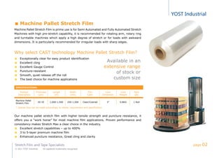 YOST Industrial
Stretch Film and Tape Specialists
© 2011 YOST Industrial All registered trademarks recognized
Machine Pallet Stretch Film
Machine Pallet Stretch Film is prime use is for Semi Automated and Fully Automated Stretch
Machines with high pre-stretch capability, it is recommended for rotating arm, rotary ring
and turntable machines which apply a high degree of stretch or for loads with awkward
dimensions. It is particularly recommended for irregular loads with sharp edges.
Why select CAST technology Machine Pallet Stretch Film?
Exceptionally clear for easy product identification
Excellent cling
Excellent Gauge Control
Puncture-resistant
Smooth, quiet release off the roll
The best choice for machine applications
SPECIFICATIONS:
Product
Description
Thickness
(µm)
Length
(m)
Width
(mm)
Film
Color
Core
Dimension
Core
Weight
Pack
Qty
Machine Pallet
Stretch Film
20-35 1,000-1,500 250-1,500 Clear/Colored 3'' 0.8KG 1 Roll
* Special Size can be made accordingly to clients’ requirement and specification.
Our machine pallet stretch film with higher tensile strength and puncture resistance, it
offers you a “work horse” for most machine film applications. Proven performance and
consistency makes Stretch Max a clear choice in the industry.
Excellent stretch capabilities – up to 400%
3 to 5-layer premium machine film
Enhanced puncture resistance, Great cling and clarity
Available in an
extensive range
of stock or
custom size
page 02
 