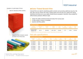 YOST Industrial
Stretch Film and Tape Specialists
© 2011 YOST Industrial All registered trademarks recognized
Color Tinted Stretch Film
Colored films are ideal for identifying pallet contents and providing additional security. We
also offer security stretch film that is opaque black and will stop your goods from being
identified once they are on your pallet, should they be valuable or sensitive. Also suitable for
differentiating between different loads
Keeps the pallet contentscovered and away from prying eyes
A wide range of colours is available
Quickly identifies pallets
SPECIFICATIONS:
Product
Description
Thickness
(µm)
Length
(m)
Width
(mm)
Film
Color
Core
Dimension
Core
Weight
Pack
Qty
Colored Tinted
Stretch Film
20-35 200-400 250-1,500 Colored 2''/3'' 0.4KG 4/6 Roll
* Special Size can be made accordingly to clients' requirement and specification.
Hot sale specifications
Colored Tinted Stretch Film
Product
Code
Film
Thickness
Size
mm x m
Film
Color
Core
Diameter
Core
Weight
Pack
Qty
Unit
Weight
Qty/
20FT
P11205025 20µm 500 x 250 BLUE 3'' 0.4KG 6 ROLL 2.70 KG 3500 Rls
P11205035 20µm 500 x 350 BLACK 3'' 0.4KG 6 ROLL 3.62 KG 3000 Rls
P11205045 20µm 500 x 450 BLACK 3'' 0.4KG 6 ROLL 4.54 KG 2630 Rls
P11235025 23µm 500 x 250 BLUE 3'' 0.4KG 6 ROLL 2.65 KG 3295 Rls
P11235035 23µm 500 x 350 BLUE 3'' 0.4KG 6 ROLL 3.70 KG 2800 Rls
P11235045 23µm 500 x 450 BLACK 3'' 0.4KG 6 ROLL 5.16 KG 2400 Rls
* Source: Department of Marketing, 2011 Marketing Research and Analysis
Available in A wide Range of Colors
Keeps the Pallet Contents covered
and Away From Prying Eyes
Ideal for Identifying Pallet Contents
page 07
 