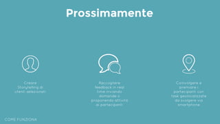 COME FUNZIONA
Prossimamente
Creare
Storytelling di
utenti selezionati
Raccogliere
feedback in real
time inviando
domande o
proponendo attività
ai partecipanti
Coinvolgere e
premiare i
partecipanti con
task geolocalizzate
da svolgere via
smartphone
 