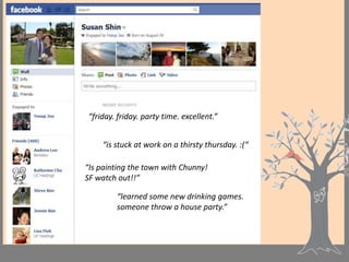 “friday. friday. party time. excellent.”


    “is stuck at work on a thirsty thursday. :(“

“Is painting the town with Chunny!
SF watch out!!”

        “learned some new drinking games.
        someone throw a house party.”
 