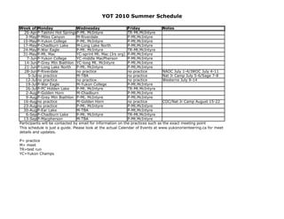 YOT 2010 Summer Schedule

Week of Monday                   Wednesday                    Friday             Notes
  26-Apr P-Takhini Hot Springs P-Mt. McIntyre                 TR-Mt.McIntyre
   3-May P-Miles Canyon          M-Riverdale                  P-Mt.McIntyre
  10-May P-Yukon College         P-Mt. McIntyre               P-Mt.McIntyre
  17-May P-Chadburn Lake         M-Long Lake North            P-Mt.McIntyre
  24-May P-War Eagle             P-Mt. McIntyre               TR-Mt.McIntyre
  31-May P-Mt. Mac               YC-sprint Mt. Mac (Jrs org) P-Mt.McIntyre
    7-Jun P-Yukon College        YC-middle MacPherson         P-Mt.McIntyre
   14-Jun P-Grey Mtn Biathlon YC-long Mt. McIntyre            P-Mt.McIntyre
   21-Jun P-Long Lake North      P-Mt. McIntyre               P-Mt.McIntyre
   28-Jun P-Riverdale            no practice                  no practice        NAOC July 1-4/JWOC July 4-11
     5-Jul no practice           M-TBA                        no practice        Nat Jr Camp July 5-6/Sage 7-8
    12-Jul no practice           no practice                  no practice        Westerns July 9-14
    19-Jul P-War Eagle           M-Yukon College              P-Mt.McIntyre
    26-Jul P-PC Hidden Lake      P-Mt. McIntyre               TR-Mt.McIntyre
    2-Aug P-Golden Horn          M-Chadburn                   P-Mt.McIntyre
    9-Aug P-Grey Mtn Biathlon P-Mt. McIntyre                  P-Mt.McIntyre
  16-Aug no practice             M-Golden Horn                no practice        COC/Nat Jr Camp August 15-22
  23-Aug no practice             P-Mt. McIntyre               P-Mt.McIntyre
  30-Aug P-Ear Lake              M-TBA                        P-Mt.McIntyre
    6-Sep P-Chadburn Lake        P-Mt. McIntyre               TR-Mt.McIntyre
  13-Sep P-Macpherson            M-TBA                        P-Mt.McIntyre
Participants will be contacted by email for information on the practices such as the exact meeting point
This schedule is just a guide. Please look at the actual Calendar of Events at www.yukonorienteering.ca for meet
details and updates.

P= practice
M= meet
TR=test run
YC=Yukon Champs
 