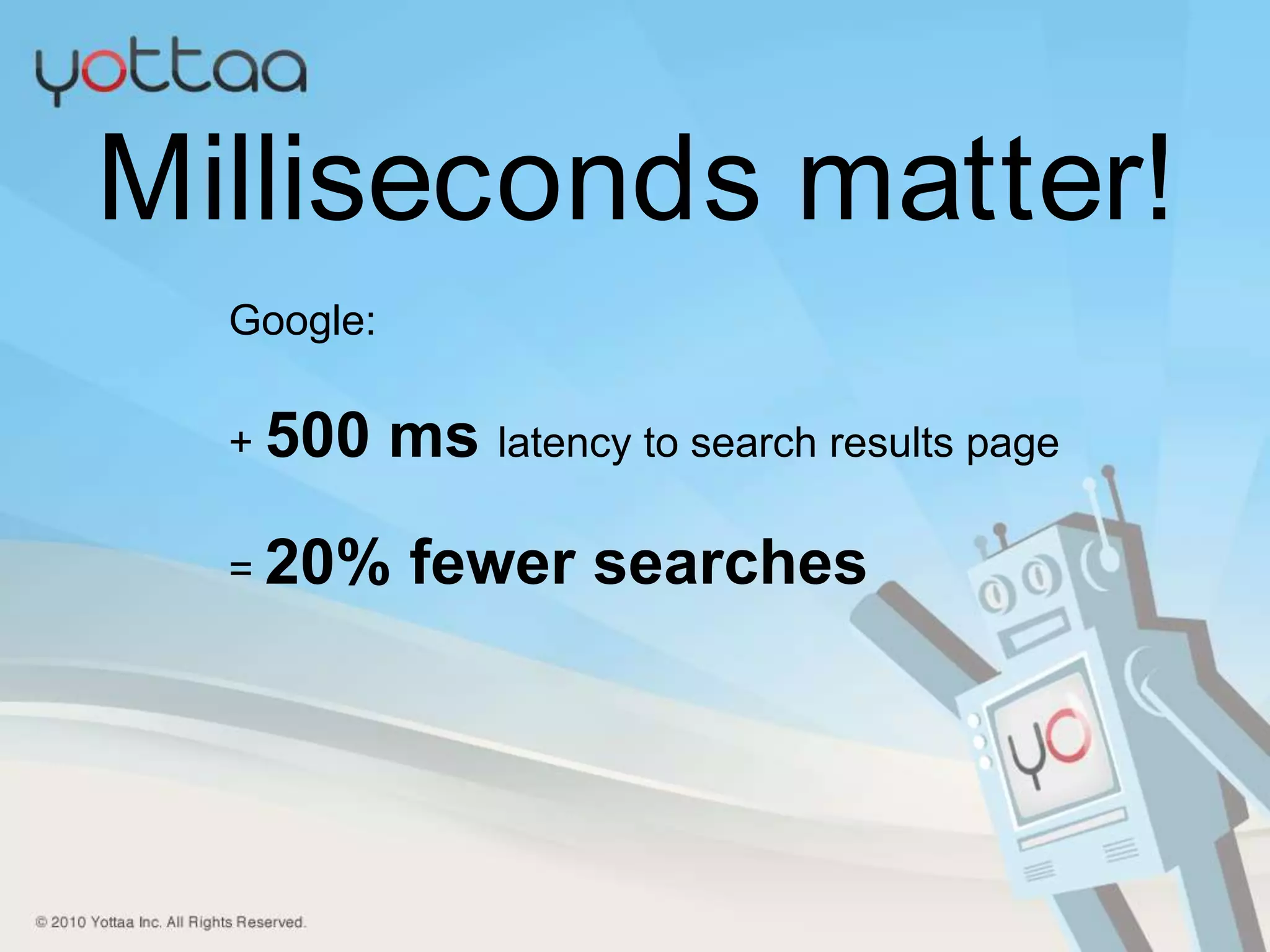 3Milliseconds matter!Google:+ 500 mslatency to search results page= 20% fewer searches