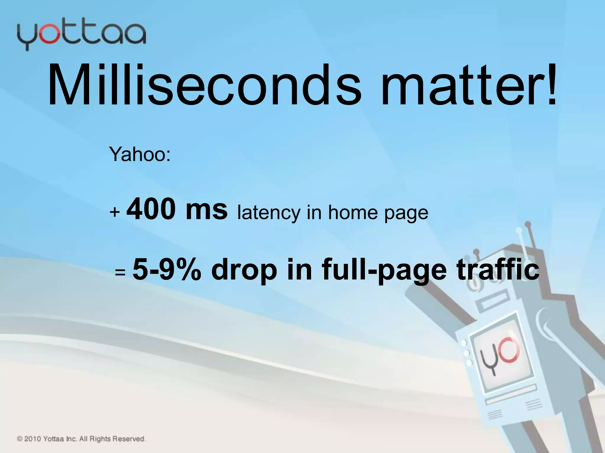 4Milliseconds matter!Yahoo:+ 400 mslatency in home page = 5-9% drop in full-page traffic