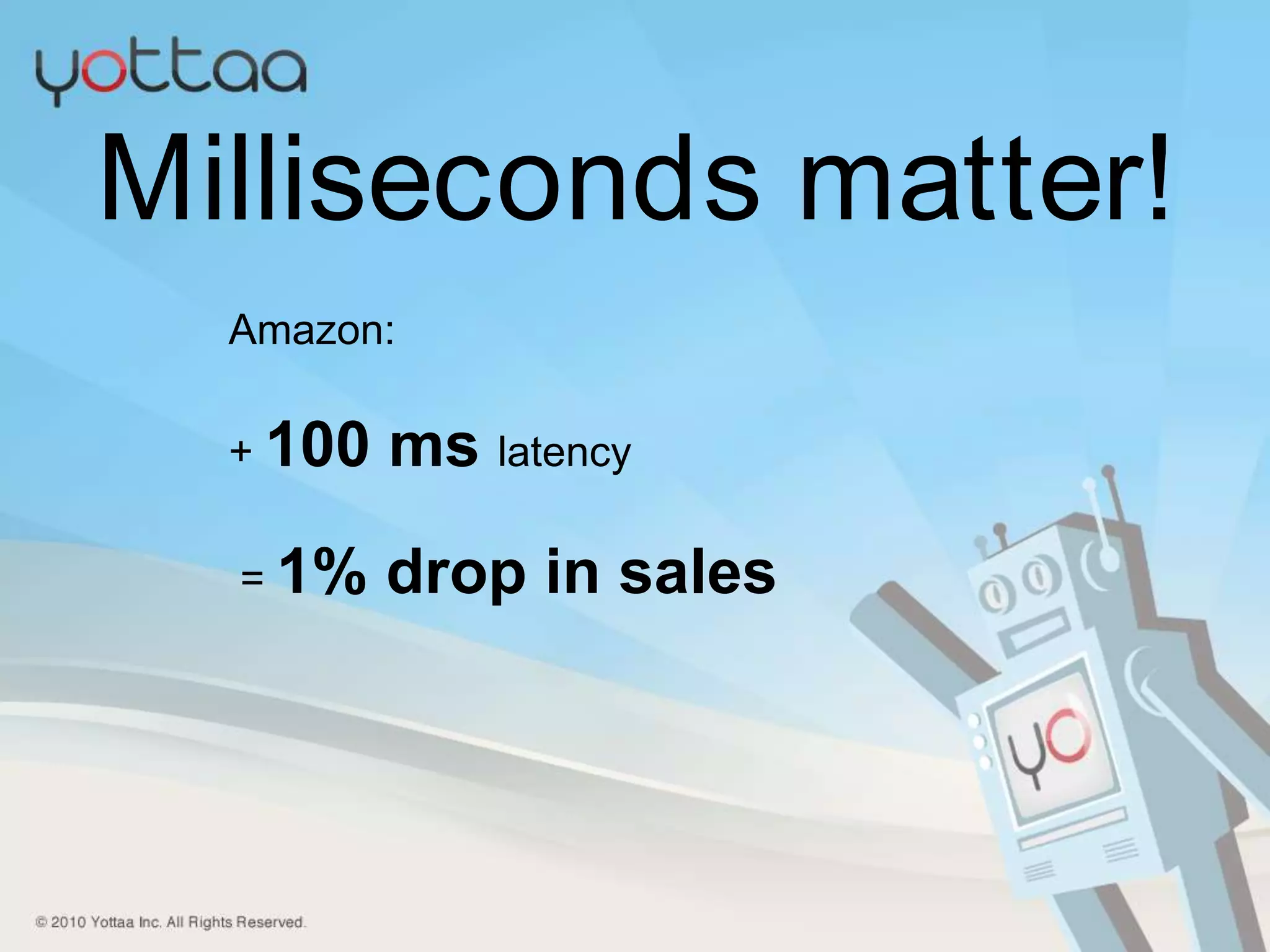 5Milliseconds matter!Amazon: + 100 mslatency = 1% drop in sales