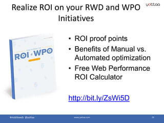 • ROI proof points
• Benefits of Manual vs.
Automated optimization
• Free Web Performance
ROI Calculator
#mobileweb @yottaa www.yottaa.com 23
Realize ROI on your RWD and WPO
Initiatives
 