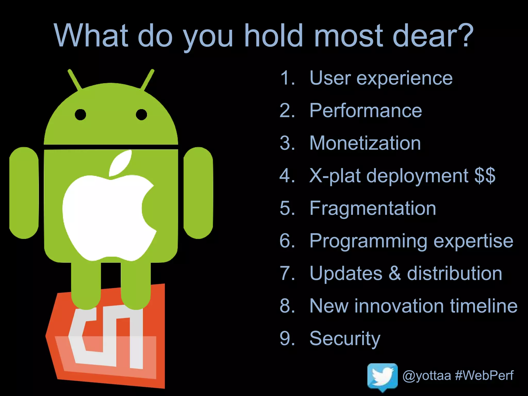 @yottaa #WebPerf
What do you hold most dear?
1. User experience
2. Performance
3. Monetization
4. X-plat deployment $$
5. Fragmentation
6. Programming expertise
7. Updates & distribution
8. New innovation timeline
9. Security
 