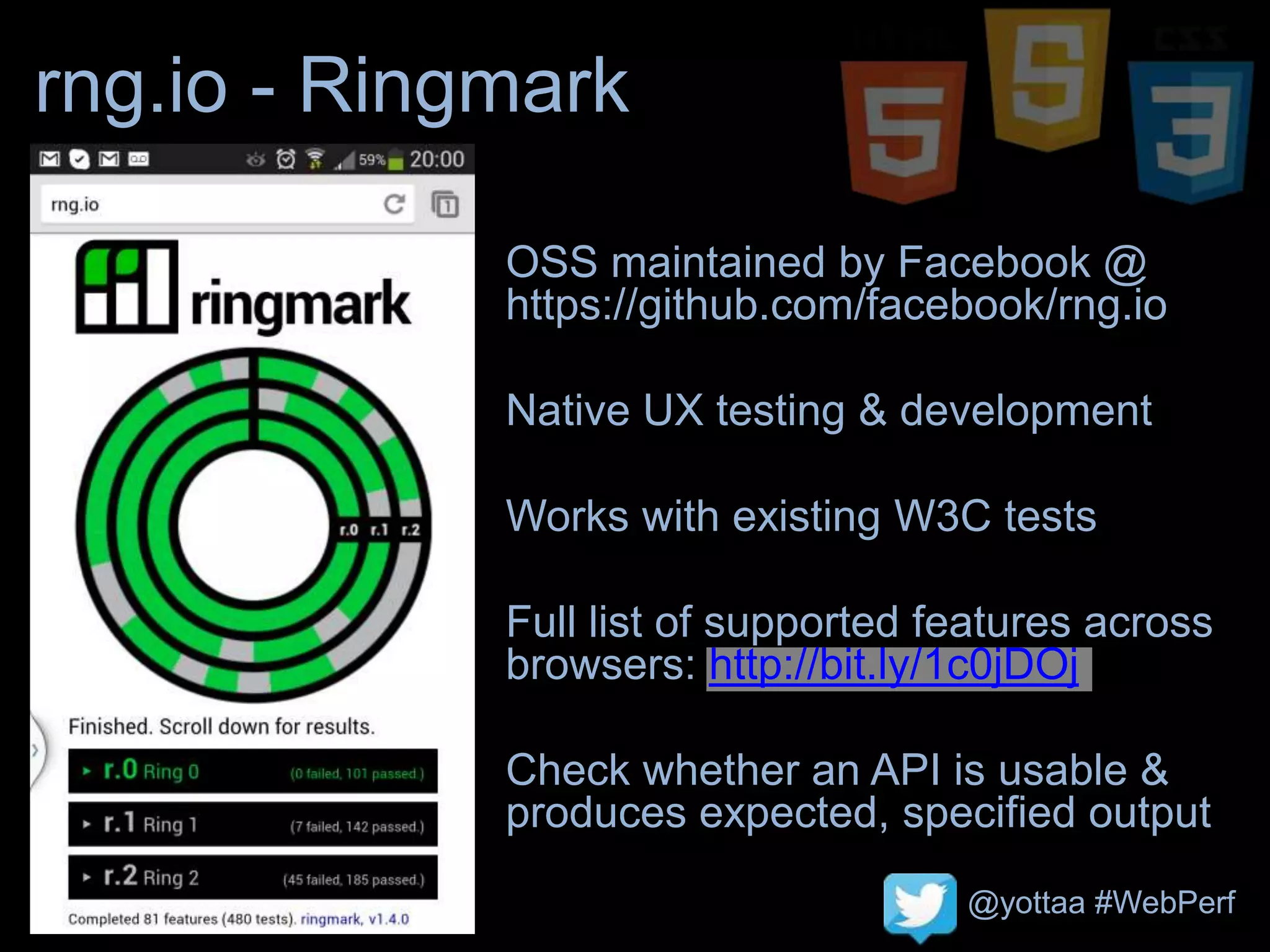 @yottaa #WebPerf
rng.io - Ringmark
OSS maintained by Facebook @
https://github.com/facebook/rng.io
Native UX testing & development
Works with existing W3C tests
Full list of supported features across
browsers: http://bit.ly/1c0jDOj
Check whether an API is usable &
produces expected, specified output
 