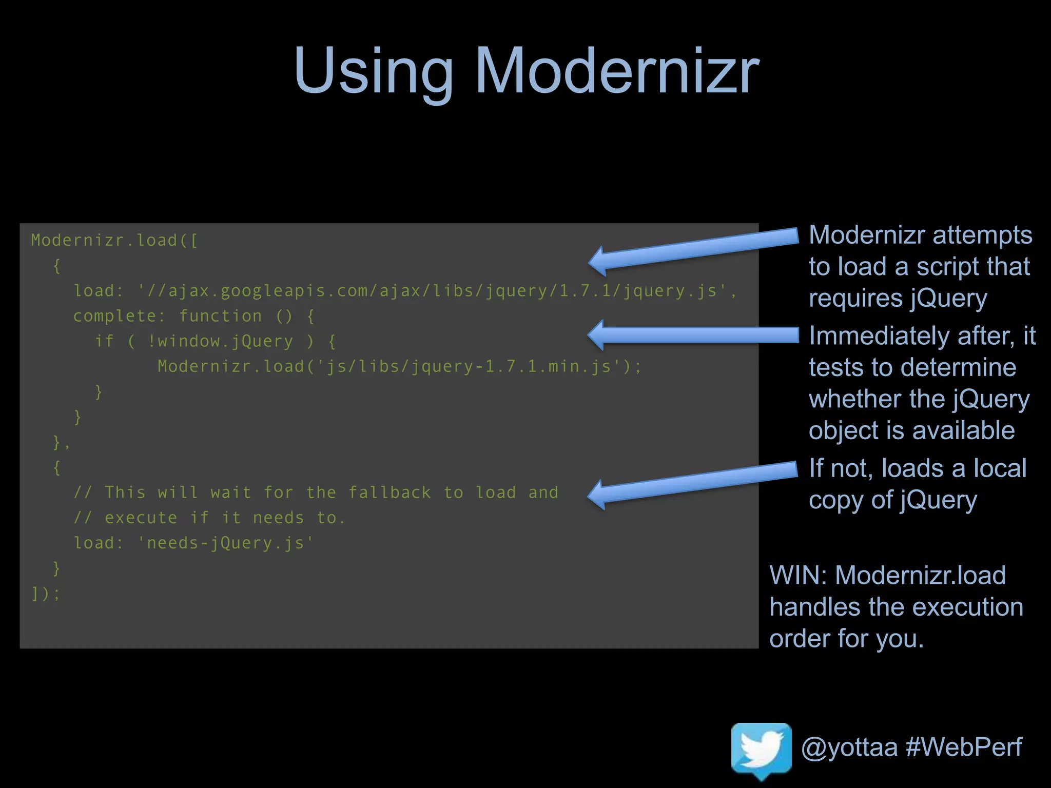 @yottaa #WebPerf
Using Modernizr
Modernizr.load([
{
load: '//ajax.googleapis.com/ajax/libs/jquery/1.7.1/jquery.js',
complete: function () {
if ( !window.jQuery ) {
Modernizr.load('js/libs/jquery-1.7.1.min.js');
}
}
},
{
// This will wait for the fallback to load and
// execute if it needs to.
load: 'needs-jQuery.js'
}
]);
• Modernizr attempts
to load a script that
requires jQuery
• Immediately after, it
tests to determine
whether the jQuery
object is available
• If not, loads a local
copy of jQuery
WIN: Modernizr.load
handles the execution
order for you.
 