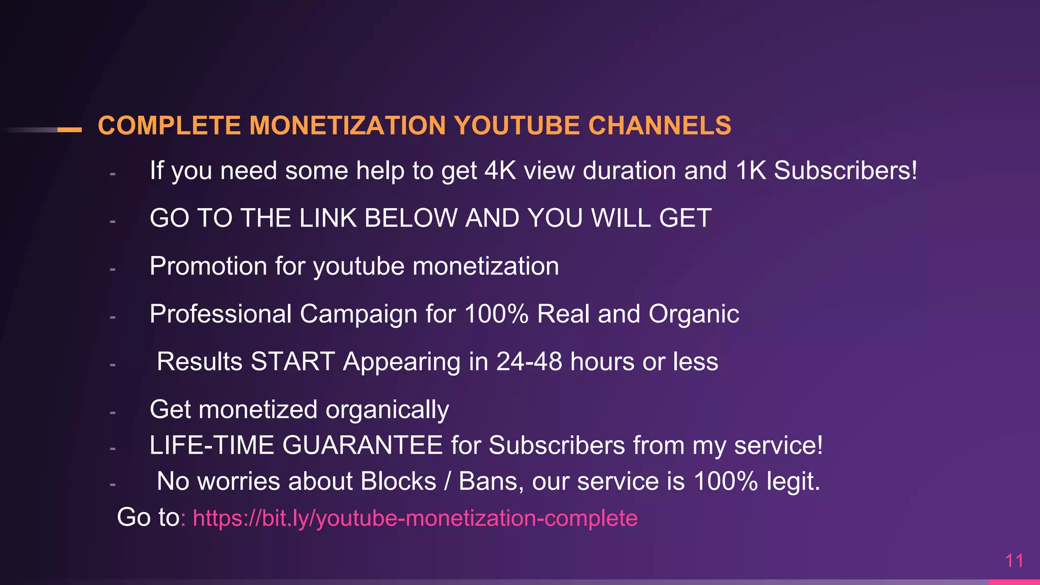 COMPLETE MONETIZATION YOUTUBE CHANNELS
╸ If you need some help to get 4K view duration and 1K Subscribers!
╸ GO TO THE LINK BELOW AND YOU WILL GET
╸ Promotion for youtube monetization
╸ Professional Campaign for 100% Real and Organic
╸ Results START Appearing in 24-48 hours or less
╸ Get monetized organically
╸ LIFE-TIME GUARANTEE for Subscribers from my service!
╸ No worries about Blocks / Bans, our service is 100% legit.
Go to: https://bit.ly/youtube-monetization-complete
11
 