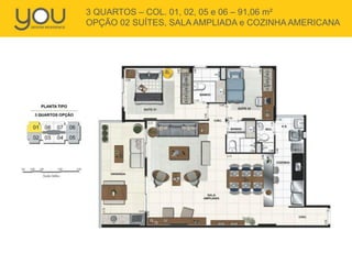 3 QUARTOS – COL. 01, 02, 05 e 06 – 91,06 m²
OPÇÃO 02 SUÍTES, SALA AMPLIADA e COZINHA AMERICANA

 