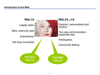 Introduction to the Web Web 1.0 Largely static Silos, read only web Authoritarian Not truly connected Web 2.0…n.0 Dynamic, personalized and intuitive Two way communication, read/write web Participative Community feeling THE OLD YOU 1.0 THE NEW YOU 2.0 
