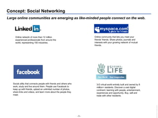 Concept: Social Networking Large online communities are emerging as like-minded people connect on the web. Online network of more than 12 million experienced professionals from around the world, representing 150 industries.  Online community that lets you meet your friends' friends. Share photos, journals and interests with your growing network of mutual friends.  3-D virtual world entirely built and owned by 8 million+ residents. Discover a vast digital continent, teeming with people, entertainment, experiences and opportunity. Buy, sell and trade with other residents. Social utility that connects people with friends and others who work, study and live around them. People use Facebook to keep up with friends, upload an unlimited number of photos, share links and videos, and learn more about the people they meet. 