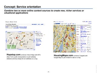 Concept: Service orientation Combine two or more online content sources to create new, richer services or situational applications   Hopstop.com  combines Yahoo! Maps with MTA (New York’s public transportation) to plot  subway stations and bus stops   for an address  on a map. HousingMaps.com  combines Craigslist with Google Maps to plot rentals for sale on a map. 