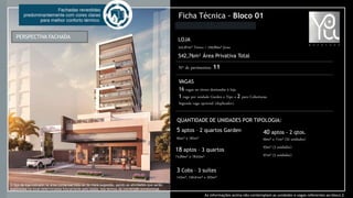 Ficha Técnica - Bloco 01
Nº de pavimentos: 11
PERSPECTIVA FACHADA LOJA
342,87m² Térreo / 199,89m² Jirau
542,76m² Área Privativa Total
VAGAS
16 vagas no térreo destinadas à loja.
1 vaga por unidade Garden e Tipo e 2 para Coberturas.
Segunda vaga opcional (duplicador).
QUANTIDADE DE UNIDADES POR TIPOLOGIA:
40 aptos - 2 qtos.
66m² a 71m² (32 unidades)
93m² (3 unidades)
97m² (5 unidades)
18 aptos – 3 quartos
74,89m² à 78,62m²
3 Cobs – 3 suítes
143m², 156,61m² e 203m²
5 aptos – 2 quartos Garden
95m² à 182m²
As informações acima não contemplam as unidades e vagas referentes ao bloco 2.
O tipo de loja indicado na área comercial trata-se de mera sugestão, sendo as atividades que serão
exploradas no local determinadas futuramente pelo lojista, nos termos da convenção condominial.
 