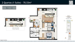 Bloco 1 – Col 2
2 Quartos (1 Suíte) - 70,53m²
Opção Cozinha fechada
+ Bancada Complementar
Imagem Ilustrativa
 