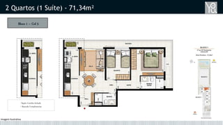 Bloco 1 – Col 5
2 Quartos (1 Suíte) - 71,34m²
Opção Cozinha fechada
+ Bancada Complementar
Imagem Ilustrativa
 