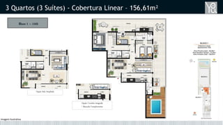 Bloco 1 – 1102
3 Quartos (3 Suítes) - Cobertura Linear – 156,61m²
Opção Sala Ampliada
Opção Cozinha integrada
+ Bancada Complementar
Imagem Ilustrativa
 