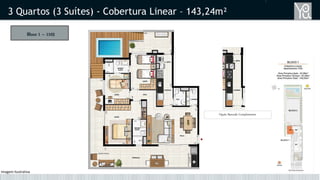 Bloco 1 – 1103
3 Quartos (3 Suítes) - Cobertura Linear – 143,24m²
Opção Bancada Complementar
Imagem Ilustrativa
 