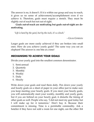 The answer is no, it doesn’t. If it is within our grasp and easy to reach,
it gives us no sense of achievement/accomplishment even if we
achieve it. Therefore, goals must require a stretch. They must be
slightly out of reach but not out of sight.
Goals out-of-reach are motivating but goals out-of-sight are de-
motivating.
‘Life is hard by the yard, but by the inch, it’s a clinch.’
– GEAN GORDON
Larger goals are more easily achieved if they are broken into small
ones. How do you achieve yearly goals? The same way you eat an
elephant! The answer is: one bite at a time!
MECHANISMS TO ACHIEVE YOUR GOALS
Divide your yearly goal into the smallest common denominator.
1. Semi-annual
2. Quarterly
3. Monthly
4. Weekly
5. Daily
6. Hourly
Write down your goals and read them daily. Pen down your yearly
and hourly goals on a sheet of paper in your office just to make sure
you keep meeting your hourly goals. If you meet your hourly goals,
you will automatically meet your weekly, monthly and yearly goals,
but if you are behind on your hourly goal, it disturbs the timing of
other goals as well. People who say, ‘I did not meet my goal today but
I will make up for it tomorrow.’ Don’t buy it. Because their
commitment is missing. Time is a perishable commodity. Ask a
hotelier if they have not sold a room for one night, can the other 364
 