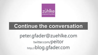 Continue the conversation
peter.gfader@zuehlke.com
twitter.com/peitor
http://blog.gfader.com

 