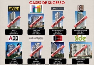 EVEN 
36 A 78m² 
LÇTO: OUT/11 
STAN/YUNY 
41 A 79m² 
LÇTO: MAI/13 
BOLSA DE IMÓVEIS 
62 A 70m² 
LÇTO: AGO/13 
BARBARA / SEQUOIA 
37 A 42m² 
LÇTO: SET/13 
TRISUL 
33 A 66m² 
LÇTO: NOV/12 
MAC 
33 A 59m² 
LÇTO: MAI/13 
EVEN / YUNY 
48 A 69m² 
LÇTO: OUT/13 
TIBÉRIO / NISS 
60 A 64m² 
LÇTO: JUL/14 
CASES DE SUCESSO 
Material de uso interno; Proibida a divulgação. Imagens preliminares. Informações sujeitas à alteração. 
 