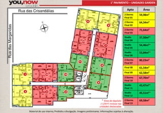 1° PAVIMENTO – UNIDADES GARDEN 
1 
2 
3 4 
5 
6 
7 
8 
9 
10 
13 12 
11 
Apto Área 
2 Dorms 
Final 01 
59,98m² 
2 Dorms 
Final 02 
64,34m² 
2 Dorms 
Final 03 
71,64m² 
Studio 
Final 04 
37,50m²* 
Studio 
Final 05 
54,46m²* 
Studio 
Final 06 
53,84m²* 
2 Dorms 
Final 07 
80,23m² 
Final 08 61,54m² 
Final 09 62,58m² 
2 Dorms 
67,70m² 
Final 10 
Studio 
Final 11 
43,47m²* 
Studio 
Final 12 
45,51m²* 
2 Dorms 
Final 13 
* Área de depósito 69,58m² 
(1,24m²) inclusa nas 
unidades destacadas 
Rua das Margaridas 
Rua das Crisandálias 
Material de uso interno; Proibida a divulgação. Imagens preliminares. Informações sujeitas à alteração. 
 