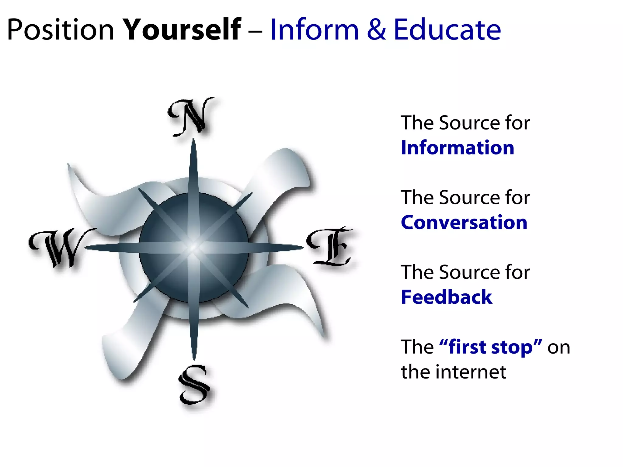 Position  Yourself  –  Inform & Educate The Source for  Information The Source for  Conversation The Source for   Feedback The  “first stop”  on the internet 