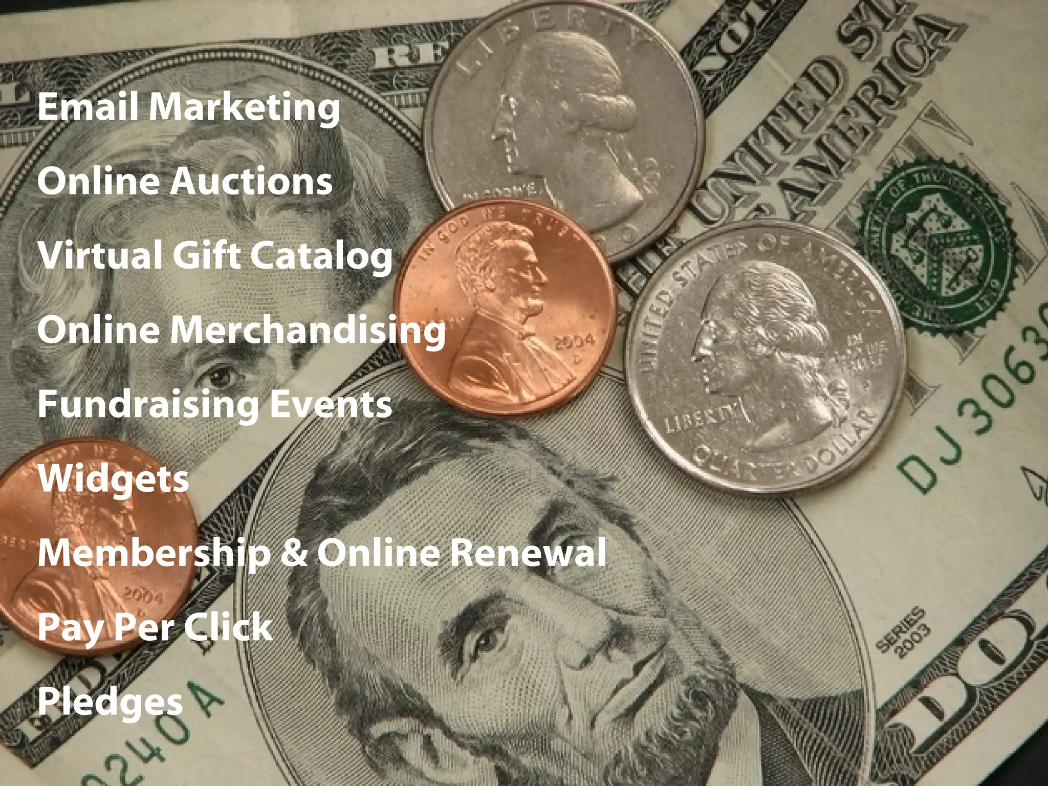 Email Marketing Online Auctions Virtual Gift Catalog Online Merchandising Fundraising Events Widgets Membership & Online Renewal Pay Per Click Pledges 
