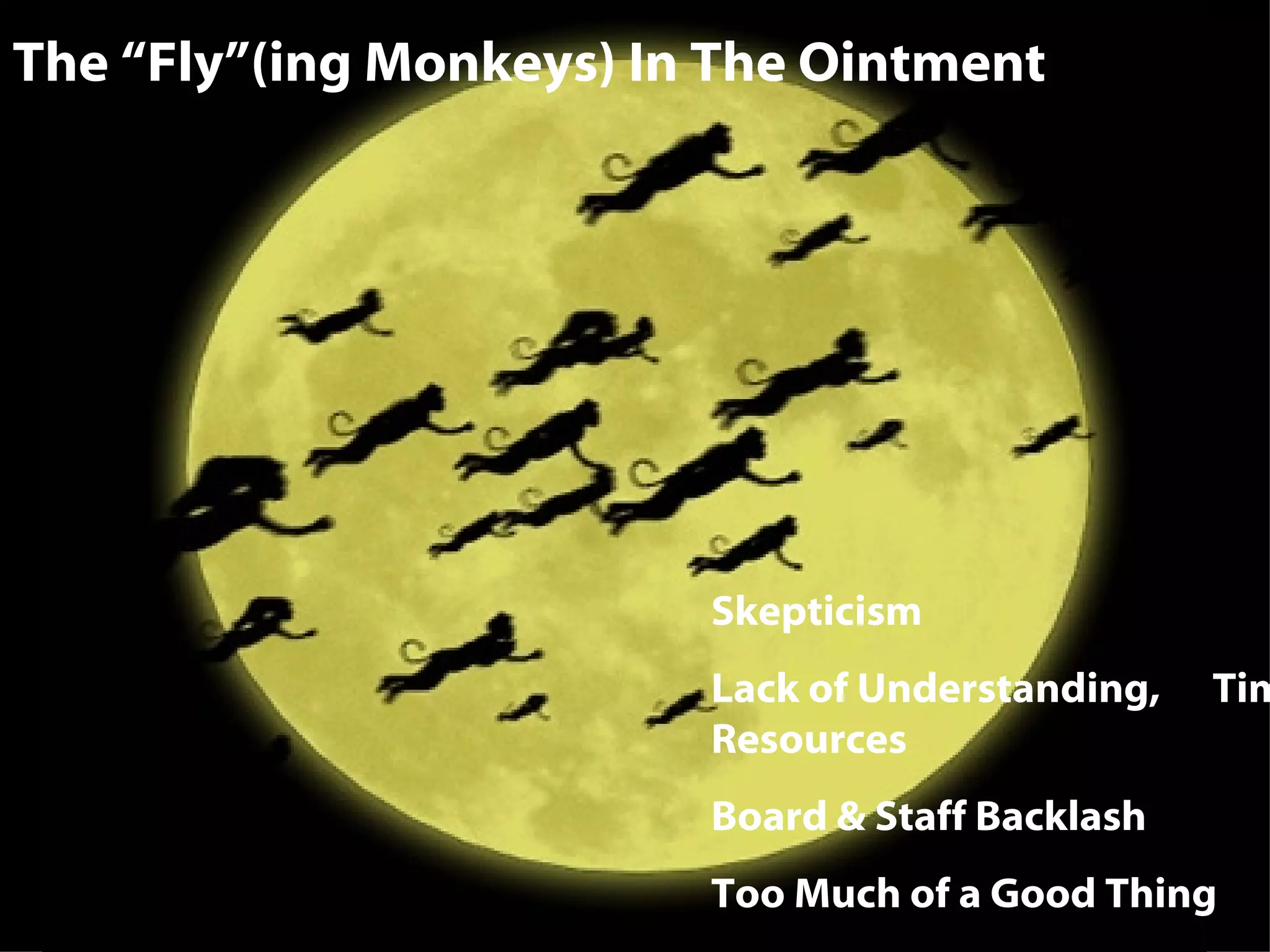 The “Fly”(ing Monkeys) In The Ointment Skepticism Lack of Understanding,  Time, Resources Board & Staff Backlash Too Much of a Good Thing 
