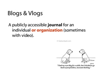 Blogs & Vlogs A publicly accessible  journal  for an individual  or organization  (sometimes with video). 