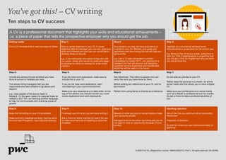 © 2020 PwC Inc. [Registration number 1998/012055/21] (“PwC”). All rights reserved. (20-25499)
You’ve got this! – CV writing
Ten steps to CV success
A CV is a professional document that highlights your skills and educational achievements –
i.e. a piece of paper that tells the prospective employer why you should get the job.
Getting ready!
Find a CV template that is neat and easy to follow.
Step 1:
Have a career objective in your CV. A career
objective tells the manager who you are, what your
skills and interests are and how you would like to
develop these on the job.
e.g. A car enthusiast who enjoys fixing cars with
my cousin. Great with hands-on tasks and eager
to develop my skills by working for a top motor
industry.
Step 2:
As a student you may not have experience to
include on your CV. Mention your goals and
aspirations and how having this job will help you
achieve this.
e.g. I am a 17-year-old student currently
completing my Grade 10/11. I am looking for a
weekend job that will develop self-discipline,
customer service experience and transferable
skills that will be useful in the future.
Step 4:
Include any extracurricular activities you have
done at school or hobbies you have.
This shows hiring managers that you are
responsible and take initiative to go above and
beyond.
e.g. I was captain of the soccer team in
Grade 9 -10. My team made it to national finals for
netball in 2017 OR I am learning another language
to help me communicate with a diverse group of
people.
Step 5:
If you do have work experience, make sure to
include this in your CV.
If you do not have work experience, start
volunteering in your community/school.
Make sure your experience is in date order. At the
top of this section you should include your most
recent experience and work backwards.
Step 6:
Get references. This refers to people who can
verify the work you have done for them.
Before adding any references to your CV, ask for
permission!
Refrain from using family or friends as a reference
Step 7:
Do not add any photos to your CV.
Rather leave the pictures to LinkedIn, an online
social media site that allows you to have a digital
CV.
Make sure your profile picture on social media
such as LinkedIn is professional and not a selfie.
So ask a friend to take a professional photo pf
you.
Step 3:
Highlight any educational achievements,
improvements or projections for the school year.
e.g. Being in Top 10 of your grade, going from a
64% to a 75% in Mathematics or projecting that
you will get a 70% for English and why you think
you will achieve this.
Step 8:
Keep the formatting on your CV consistent.
Make sure only headings are bold. Use the same
font and size throughout. Use triple line spacing.
Step 9:
Proofread your CV when you are done writing it.
Ask a friend or family member to read it for you
to make sure there are no spelling or grammar
mistakes.
Step 10:
Beware of what you post on social media or keep
your accounts private.
Managers look at this when recruiting and you do
not want to miss an opportunity because of poor
content.
Handling rejection:
Not all the CVs you send out will be successful.
Remember:
‘Rejection is direction’.
So look for where you can improve and keep on
applying!
 