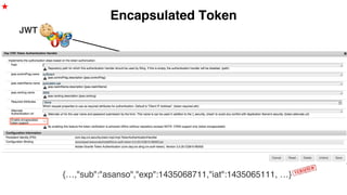 Encapsulated Token
JWT
{…,"sub":"asanso","exp":1435068711,"iat":1435065111, …}
★
/etc/key/hmac
 