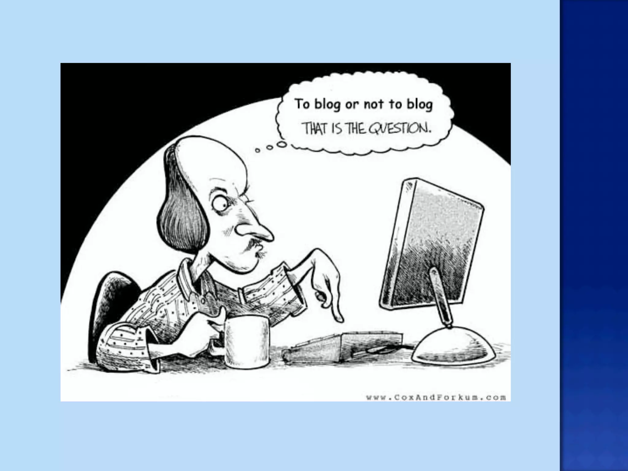     Have your own (or co-own)
     Maintain it
     Let others know: personally, in your email
      signature, via links on other services (Twitter,
      LinkedIn, FB, etc)
     Link to other online bits of you (and others)


    Read others
     Use a reader for RSS feeds, to minimize time
      spent going to each individual site
     Leave comments
 