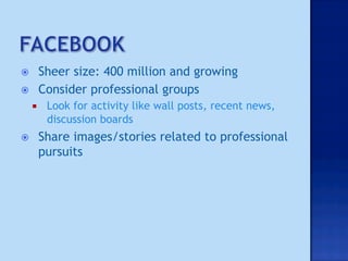      Consider multiple levels of access
     Check your profile!
       Account > Privacy Settings> Profile
        Information > Preview My Profile
         See how friends see your profile

       Profile > Photos > Album Privacy
         Make sure each one is as you expect

       Take the time to go through each part
       Same thing goes for MySpace or other social
        networking platforms
 