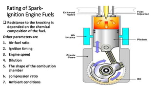 Rating of Spark-
Ignition Engine Fuels
 Resistance to the knocking is
depended on the chemical
composition of the fuel.
Other parameters are
1. Air-fuel ratio
2. Ignition timing
3. Engine speed
4. Dilution
5. The shape of the combustion
chamber
6. compression ratio
7. Ambient conditions
 