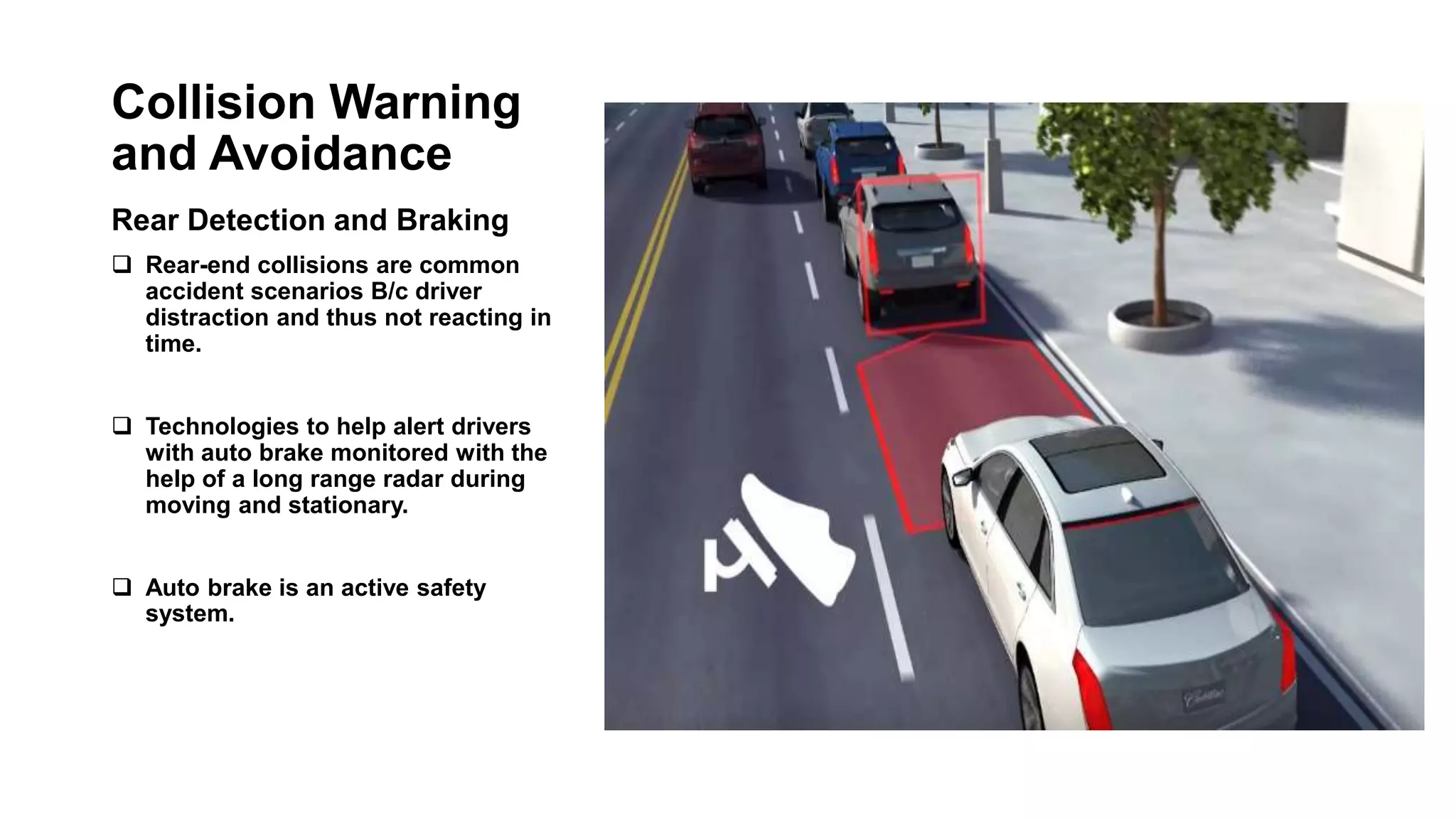 Collision Warning
and Avoidance
Rear Detection and Braking
 Rear-end collisions are common
accident scenarios B/c driver
distraction and thus not reacting in
time.
 Technologies to help alert drivers
with auto brake monitored with the
help of a long range radar during
moving and stationary.
 Auto brake is an active safety
system.
 