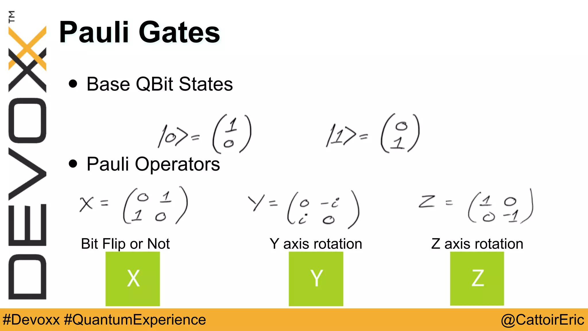 @CattoirEric#Devoxx #QuantumExperience
Pauli Gates
• Base QBit States
• Pauli Operators
Bit Flip or Not Y axis rotation Z axis rotation
 
