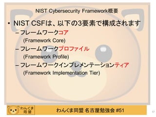 わんくま同盟 名古屋勉強会 #51
NIST Cybersecurity Framework概要
• NIST CSFは、以下の3要素で構成されます
– フレームワークコア
(Framework Core)
– フレームワークプロファイル
(Framework Profile)
– フレームワークインプレメンテーションティア
(Framework Implementation Tier)
17
 