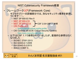 わんくま同盟 名古屋勉強会 #51
NIST Cybersecurity Framework概要
• フレームワークコア(Framework Core)
– サブカテゴリーの詳細部分では、別なセキュリティ標準を参照し
ています・・・。
• NIST SP 800-53 Rev.5
• NIST SP 800-218
• NIST SP 800-221A
• CRI Profile v2.0
– https://cyberriskinstitute.org/the-profile/
• CIS Controls v8.0(CIS Critical Security Control)
– https://www.cisecurity.org/controls
– 以下はCSF 1.1で参照されていましたが、直接的な参照はなく
なりました
• ISO/IEC 27001:2013
• ISA 62443-2-1:2009
• ISA 62443-3-3:2013
• ISACA COBIT 5
20
CSF 2.0から新たに参照
 
