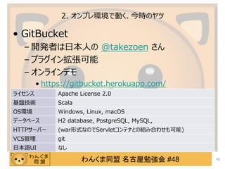 󤯤ͬ ㏊ #48
2. ץhǄӤrΥ
? GitBucket
C _kߤձˤ @takezoen 
C ץ饰󒈏
C 饤ǥ
? https://gitbucket.herokuapp.com/
16
饤 Apache License 2.0
Pg Scala
OSh Windows, Linux, macOS
ǩ`٩` H2 database, PostgreSQL, MySQL,
HTTP`Щ` (warʽʤΤServletƥʤȤνMߺϤ碌)
VCS git
ձZUI ʤ
 