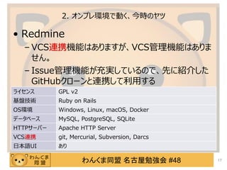 󤯤ͬ ㏊ #48
2. ץhǄӤrΥ
? Redmine
C VCSBЯCܤϤޤVCSCܤϤ

C IssueCܤgƤΤǡȤ˽B餷
GitHub`BЯä
17
饤 GPL v2
Pg Ruby on Rails
OSh Windows, Linux, macOS, Docker
ǩ`٩` MySQL, PostgreSQL, SQLite
HTTP`Щ` Apache HTTP Server
VCSBЯ git, Mercurial, Subversion, Darcs
ձZUI 
 