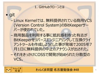 󤯤ͬ ㏊ #48
1. GitHub`Ȥ
? git
C Linux KernelǤϡoṩƤVCS
(Version Control System)BitKeeper`
Щ`ʹƤ
C uƷä¤˵ֿФ֤ä־
BitKeeperЩ`󥸥˥󥰤ƻQ饤
ȥĩ`ɤ褦Ȥ¤kˤ20057
1դ˟oṩֹΥʥ󥹤줿
C 򤭤äOSS_kʼ줿ɢͤ
VCS
5
 